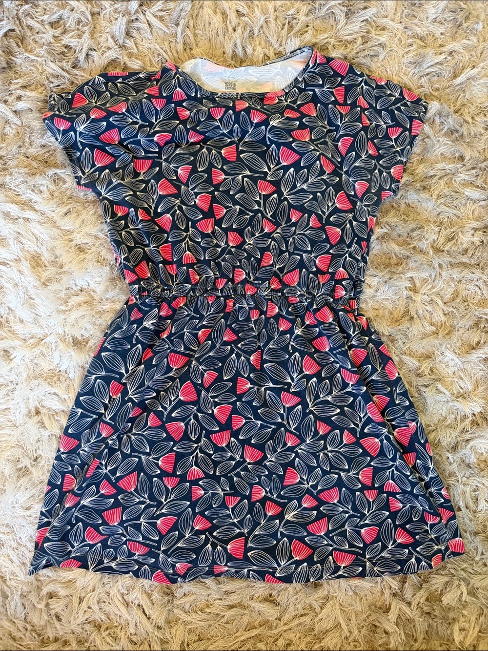 Women’s Navy Floral-Print Elastic-Waist Casual Dress - Pink & White Leaf Pattern